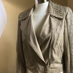 Express Beige Faux Leather Biker Jacket Gold studs